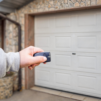 Manchester security key fob pointing to a garage door